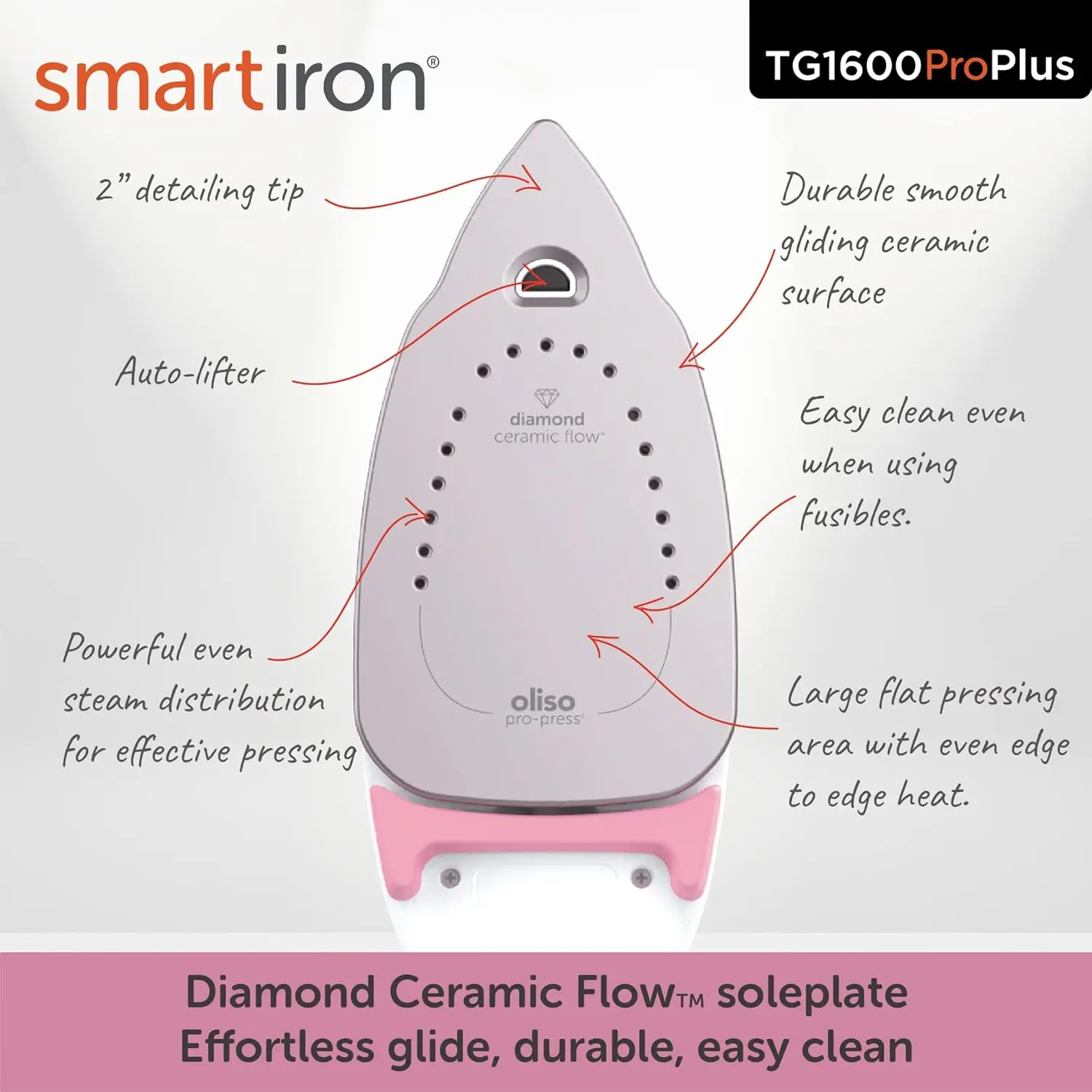 Mais ferro inteligente de 1800 watts com elevador automático - para roupas, costura, acolchoamento e engomar |   Soleplate de fluxo cerâmico diamante St