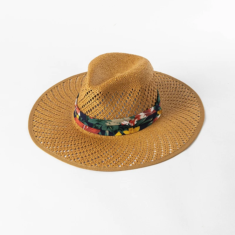 New Summer Women Wide Brim Natural Straw Paper Ribbon Decorate Hat Chapeau Female Sun Hats Panama Boater Panama Beach Black Cap