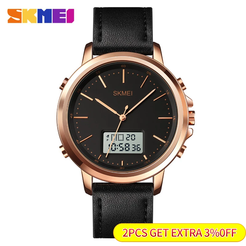 SKMEI 1652 Men Chrono Alarm Digital Mens Wristwatch Leather Strap Waterproof Watch reloj hombre Dual Display Casual Watches