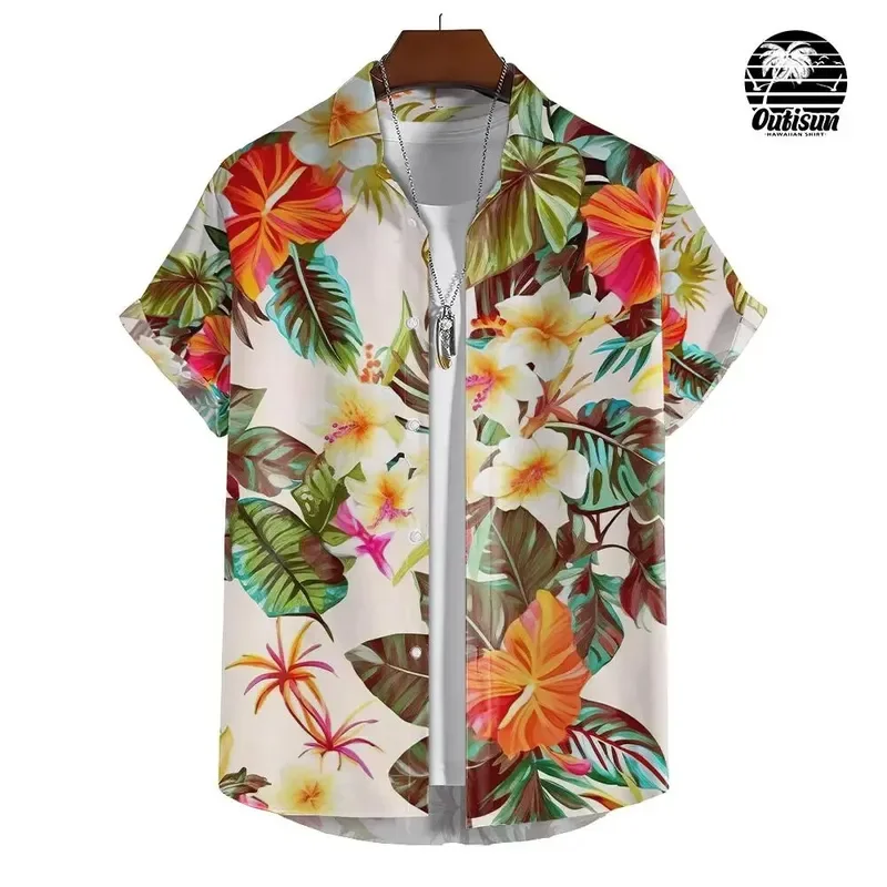 Tropical Rainforest Floral Print Men'S Casual Short Sleeve Shirt Summer Fashion Seaside Vacation Wear Tops Men'S Oversized Tops