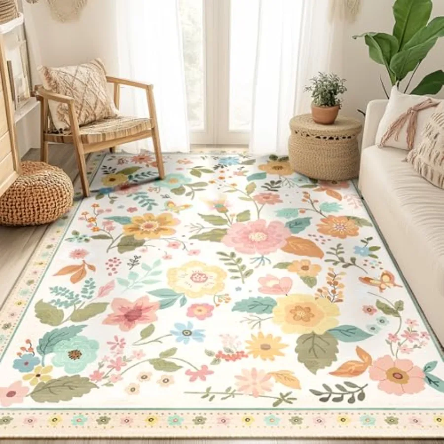 

Floral 5x7 Area Rug Machine Washable Soft Print Boho Carpet Non Slip Doormat Low Pile Flower Area Rugs for Living Room Bedroom