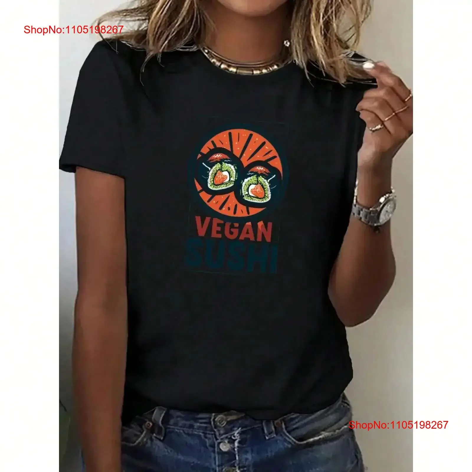 Camiseta vegana de sushi para mujer, cómoda e informal, Top lavado vintage para uso diario, elegante, transpirable, versátil