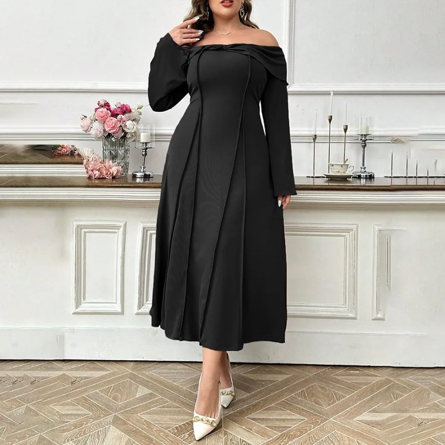 

【New Arrival】Plus Size Black Off-Shoulder Midi Dress, Long Sleeve A-Line for Casual & Evening Wear