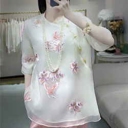 High-end Spring Summer Top Chinese Tang Attire Retro Embroidery Elegant Lady Silk Organza Blouse Female S-XXL
