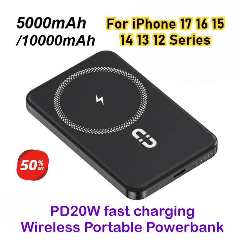 

Magnetic Power Bank 10000mAh 5000Mah Wireless Portable Charger with Usb-C Compatible for iPhone 17/16/15/14/13/12 Series