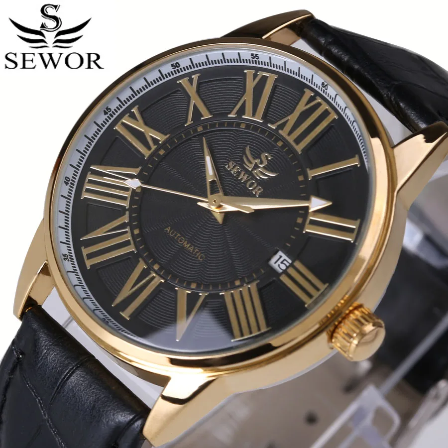 

Classic Roma Watch Men Gold Mechanical Watches SEWOR Leather Band Auto Date Automatic Mechanical Watches Men Reloj Hombre