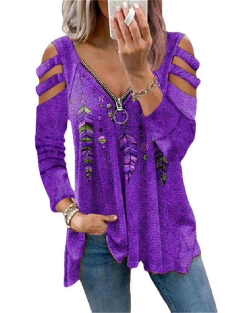 

Women's Autumn Winter New Fashion Printed Zipper Pullover Sexy V-neck Off Shoulder Long Sleeved Loose T-shirt Women's Top