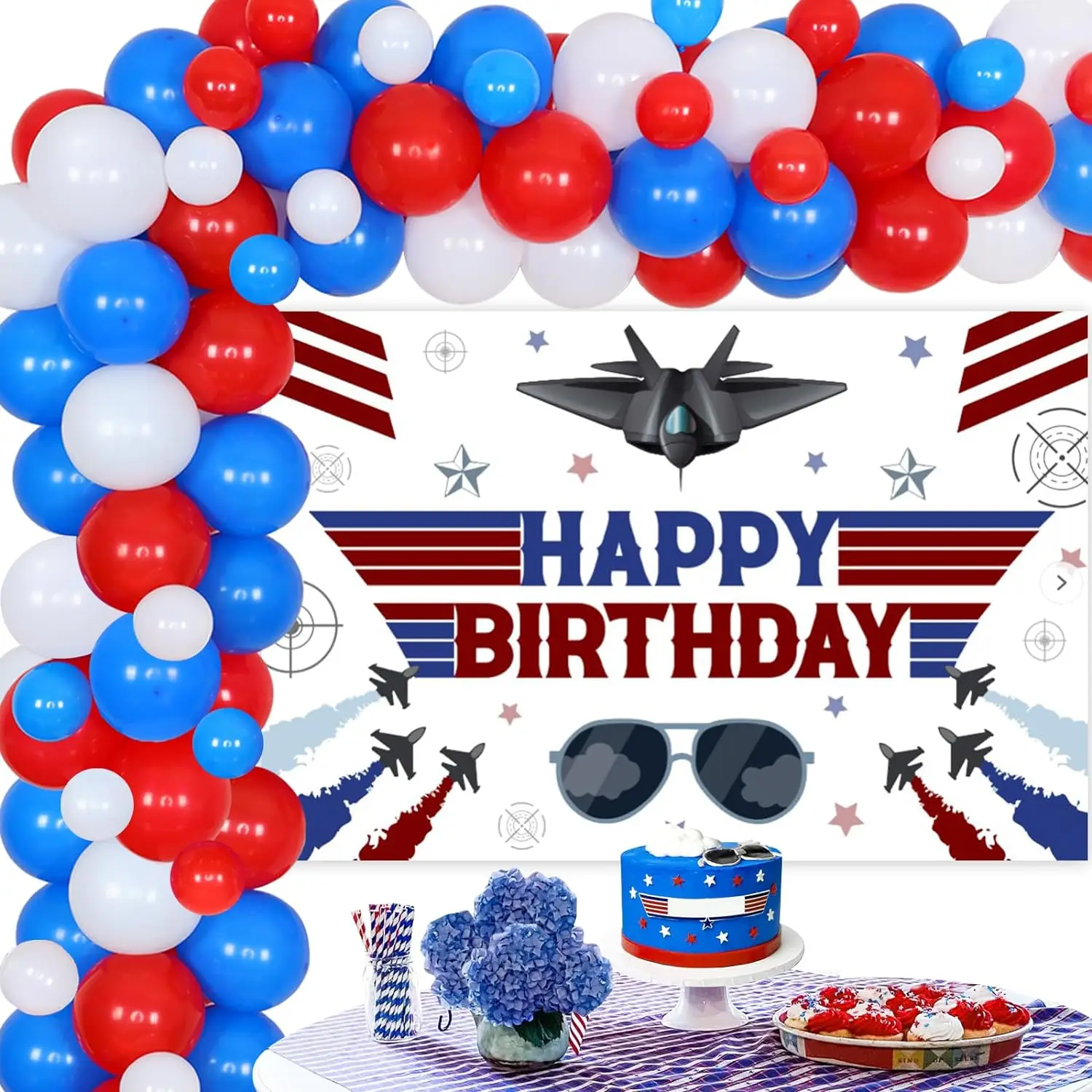 

Fighter Jet Birthday Decor Airplane Theme Balloon Garland Arch Kit with Happy Birthday Backdrop Air Force Pilot Party Supplies