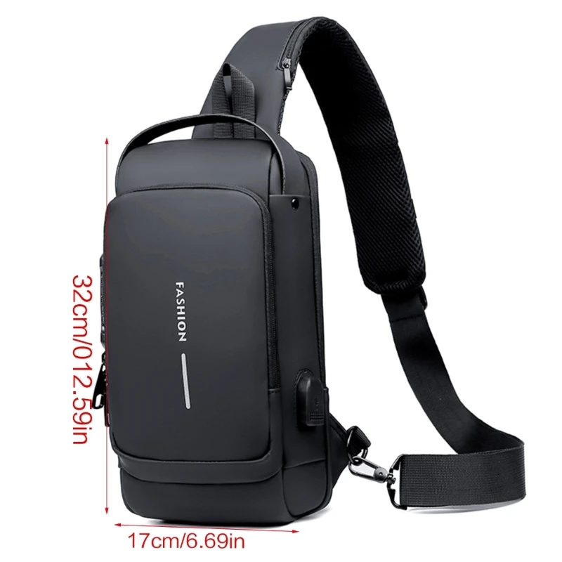 Peito com porta de carregamento USB para homens, Bolsa Crossbody Sling com bloqueio combinado, Listra reflexiva, Bolsa de ombro