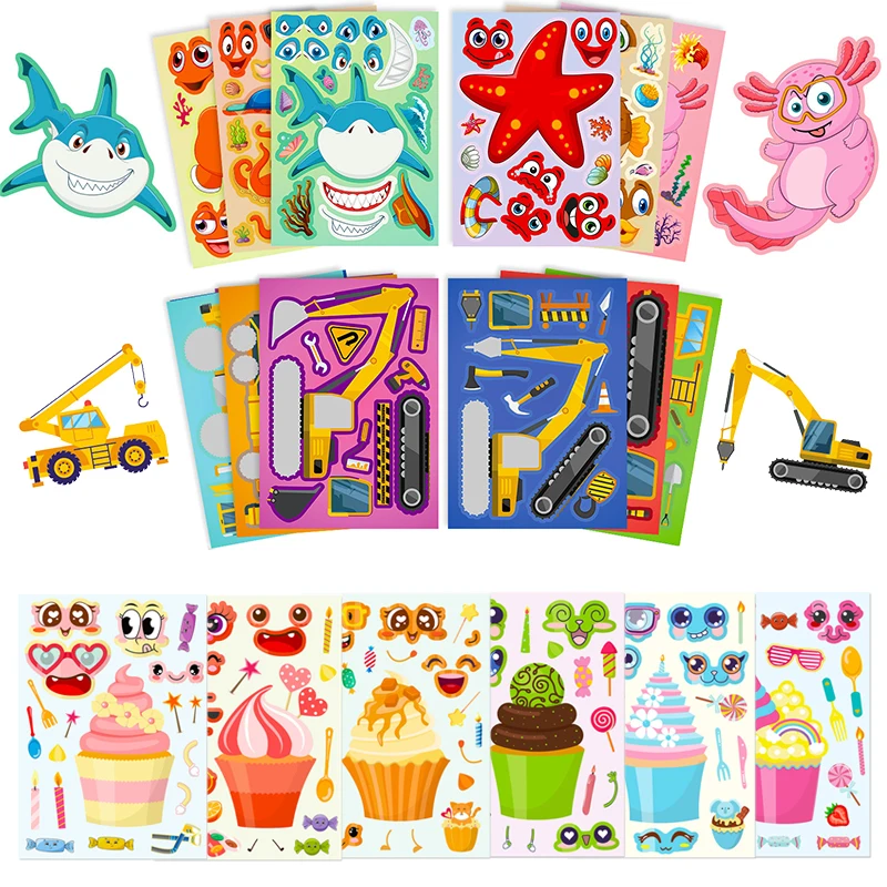 

6Sheets Change Stickers Engineering Truck Cake Marine Animals Handmade DIY Cartoon Puzzle Stickers Laptop Skateboard Sticker TMZ