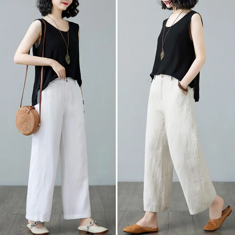 Women Casual Pants Flattering Leg Shape Trousers Stylish Women's High Waist Wide Leg Pants with Pockets for Daily Wear Elastic