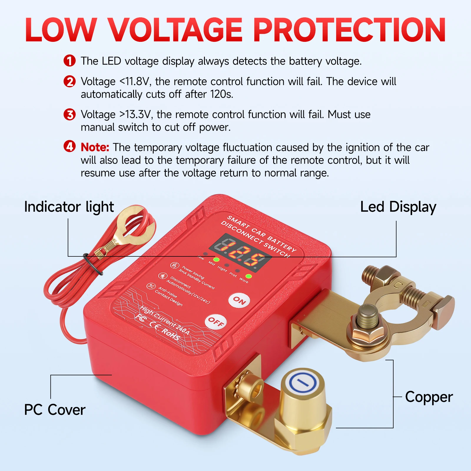 

12v 240A Upgrade Smart Voltage Prevent Battery Drain Remote Battery Disconnect Switch Kill Switch Anti-Theft for CarTruck RV