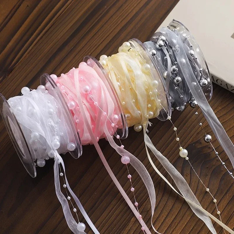 

New Gauze Pearl Ribbon Weaving Garden Flower Packaging Beaded Headwear and Hair Accessories Handmade Materials