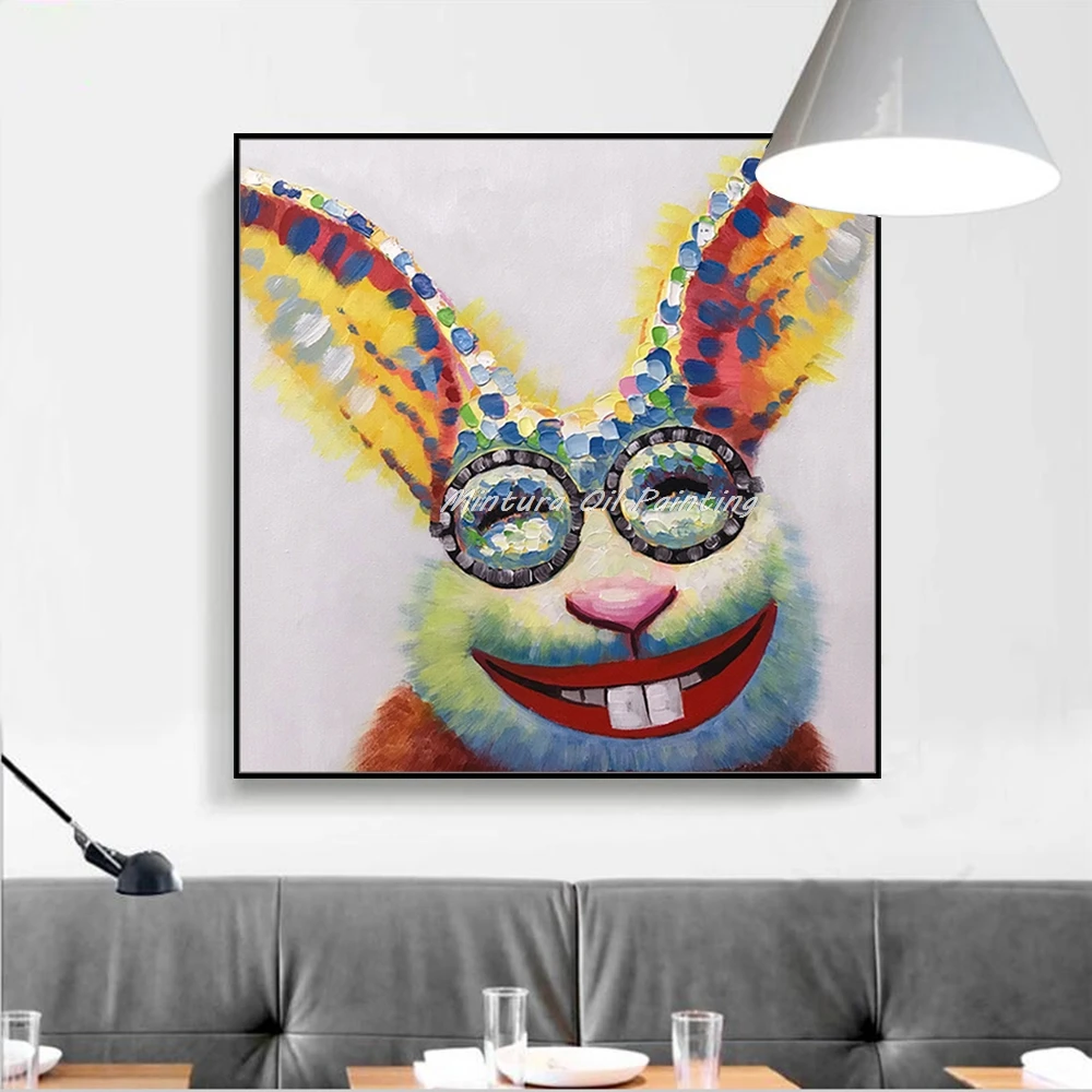 

Картина маслом ручной работы с изображением кролика, поп-арт, постер с мультяшными животными, современное украшение для гостиной, настенная картина