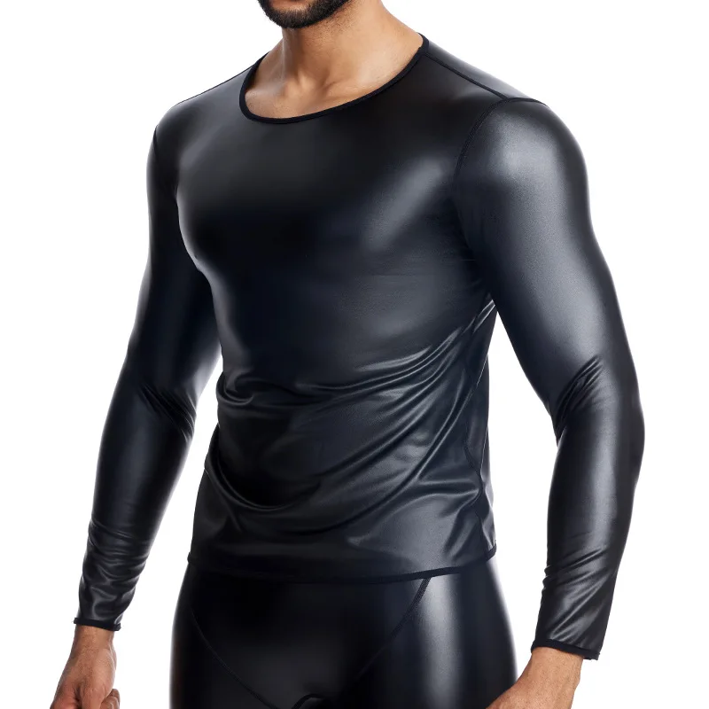2025 New Men's Black Sexy Leather Like T-Shirt Round Neck Long Sleeve PU Leather Sweatshirt Club Punk Motorbike Pullovers 6XL