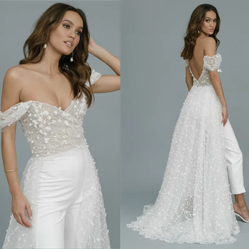 Sexy Wedding Jumpsuit with Long Train Lace 3D Appliqued Sequins Bridal Pants Suit Off Shoulder Custom Made Vestidos De Novia