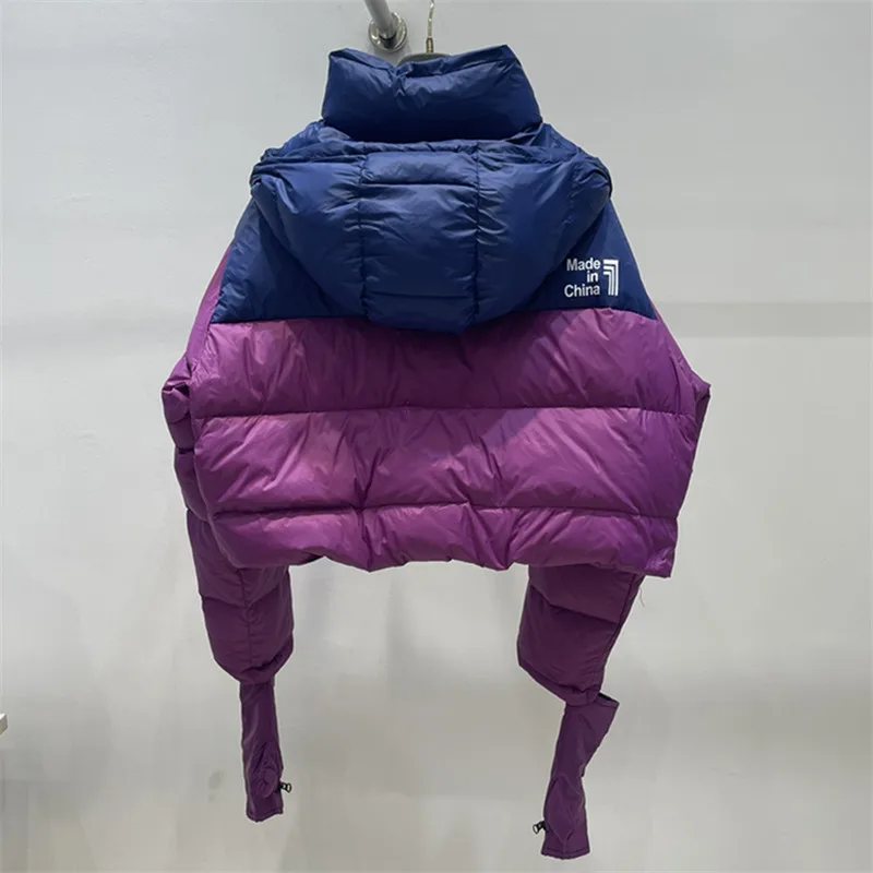 Retalhos para baixo jaquetas femininas com capuz curto parkas bolso moda luva emendado solto algodão acolchoado casaco casual jaqueta de inverno