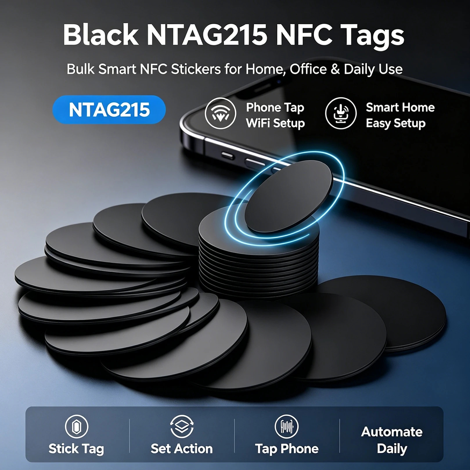 DIXSG 25mm NFC Tags NTAG215 Waterproof Round PVC NFC Cards Black White 504 Bytes Rewritable NFC Tag for Smart Home Automation