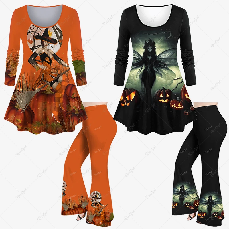 

Autumn 2023 New Plus Size Halloween Pumpkin Tree Hat Witch Broom Wings Ghost Printed T-shirt Or Flare Pants Casual Matching Set