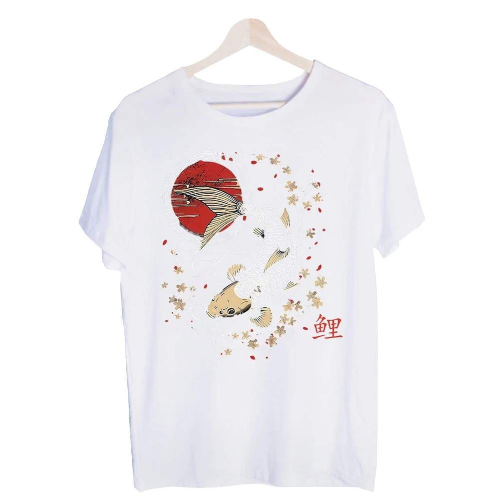 Men's Koi Fish and Cherry Blossom Graphic Tee, Short Sleeve Crew Neck T-Shirt for Casual Summer Outfits