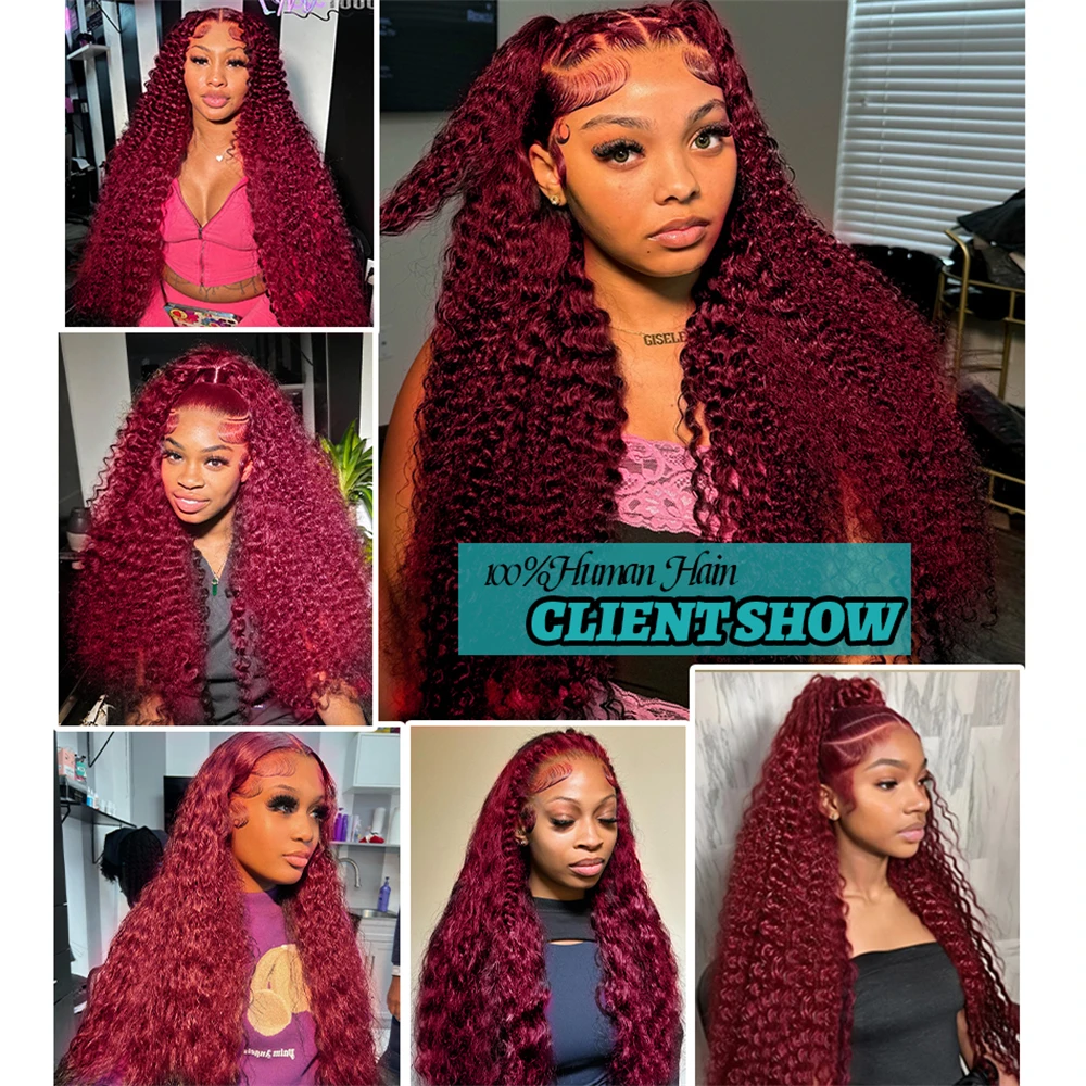 99J Burgundy 13x6 Hd Lace Frontal Human Hair Wig 30inch Red Colored Curly Wigs 13x4 Transparent Lace Water Deep Wave Frontal Wig image 5