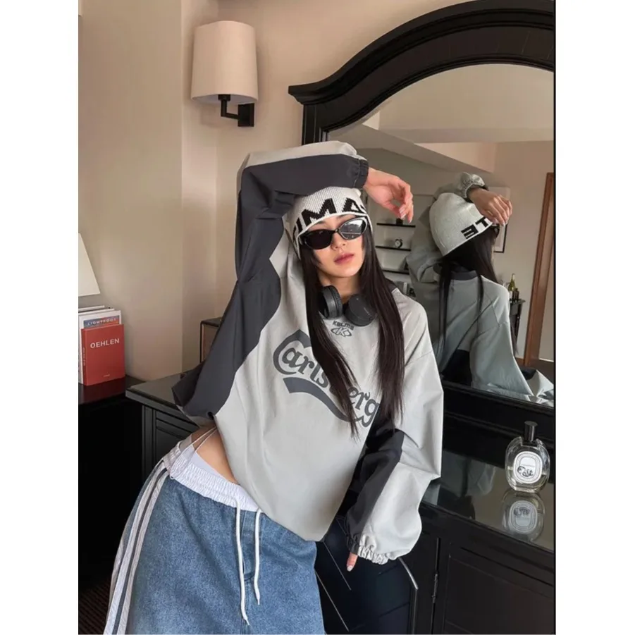 الرجعية الرياضة اللون بلو فضفاض الأمريكية Sle V-Ne البلوز النايلون البلوز ex الخريف الشتاء جديد وصول الشارع Sle