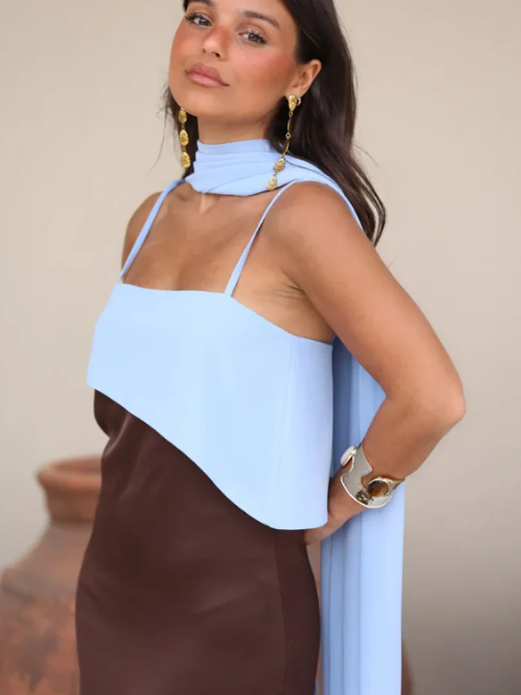 Modisches Kontrast-Sling-Kleid für Damen mit Quadratischem Ausschnitt, Ärmellos, Hoher Taille, Schlankes Maxikleid mit Schal, Sommer 2026, Party-Robe – Detail 6
