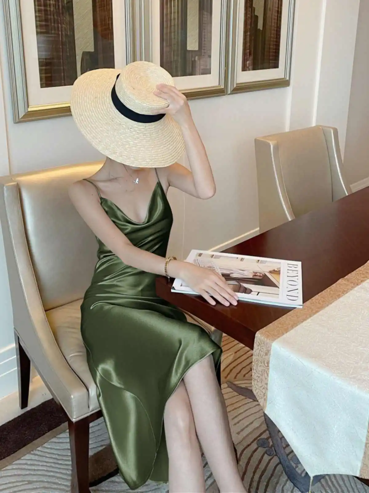 Robe longue française en Satin pour femmes, tenue de soirée, Sexy, col oscillant, plage, couleur unie, polyvalente, Slim, été