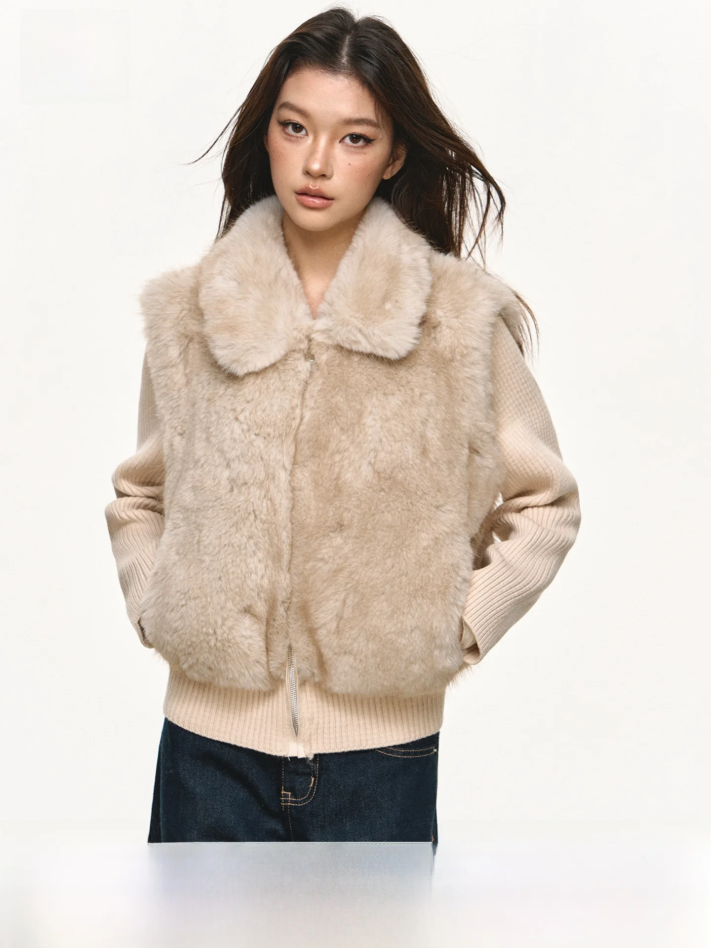 

Anna Aneae ort Collar Faux Fur Trim Knitted Jaet Women Winter Warm Coat Casual Sle Zipper Closure Loose Fit Faion