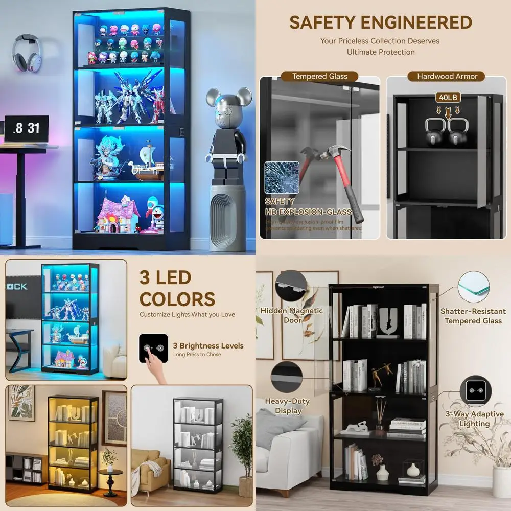 

3-Color Temperature Motion Sensor Lighted 4-Tier Glass Display Cabinet for Collectibles and Book Storage