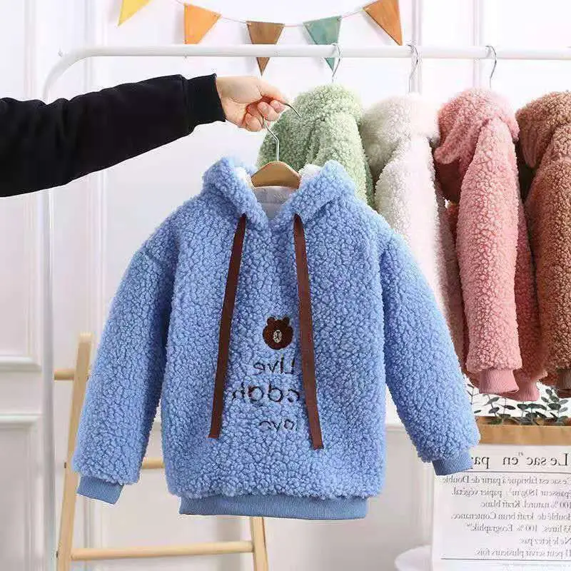 

Winter Children's Hooded Coat Clothes Boys Padded Plush Cashmere Jacket for Girls Solid Soft Warm Sports Hoodies Pullover