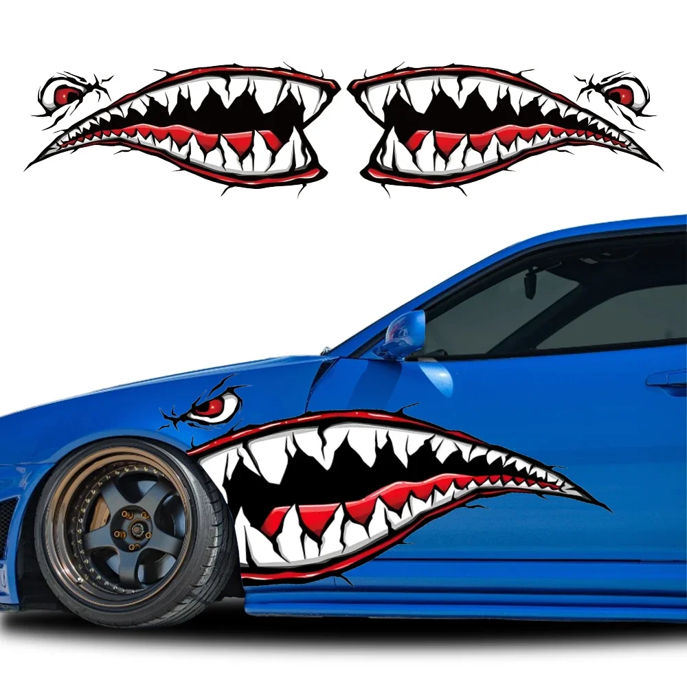 

2pcs Funny Cartoon Car Stickers Shark Mouth Tooth Teeth Stylish Fun Graphics PVC Waterproof Stylish Sticker for Car DIY Decals