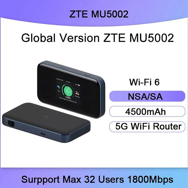 NEW ZTE MU5002 5G NSA/SA 5G NR+LTE EN-DC-Sub6G FDD:n1/3/5/7/8/20/28/38/40/41/42 TDD:n77/78/41 Cat2 MiFi Modem