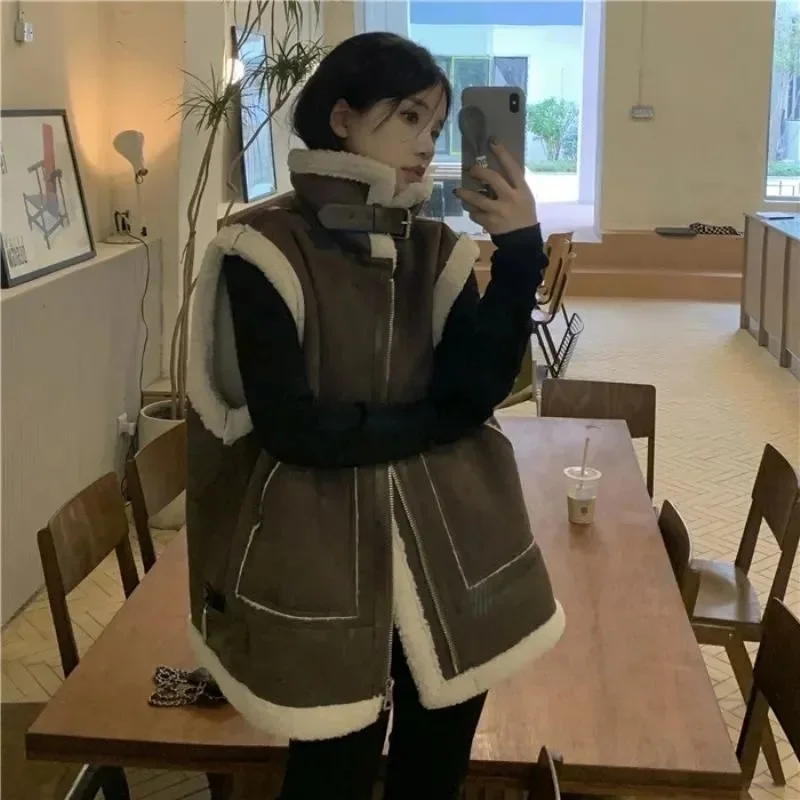 Autumn Winter New High-End Velvet Vest Coat Women Fashion Leopard- Fur One Mid-Length Coat Loose Warm Vest Jacket Female 956