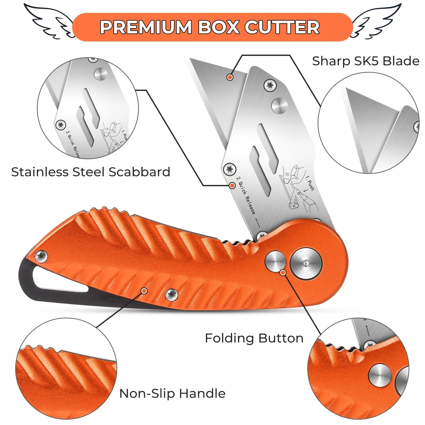 1 Pack Folding Utility Knife with Extra 5 Blades, Sharp Box Cutter Knife, Razor Blades Utility Knife for Home, Box Opener for Ca