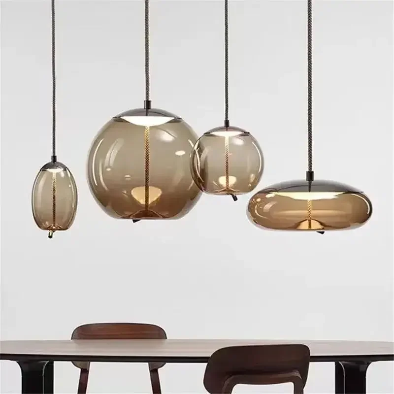 SANDYHA Nordic Glass Shade Led Hanging Lamp Simple Dining Table Light Bedside Living Room Chandelier Single Head Home Decor