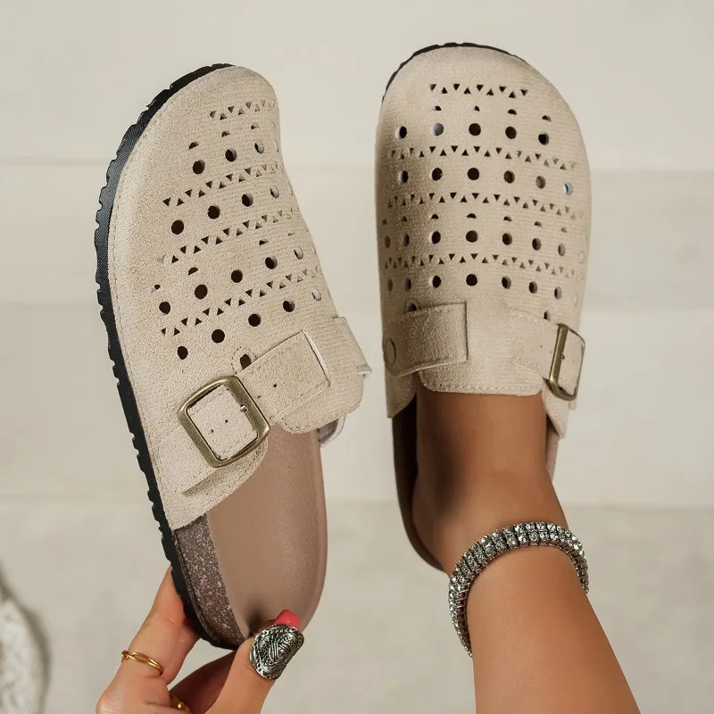Women's Suede Laser Cutout Buckle Mule Sandals Round Toe Slip-On Comfort Casual Summer Breathable Closed Toe Cork Shoes view 5