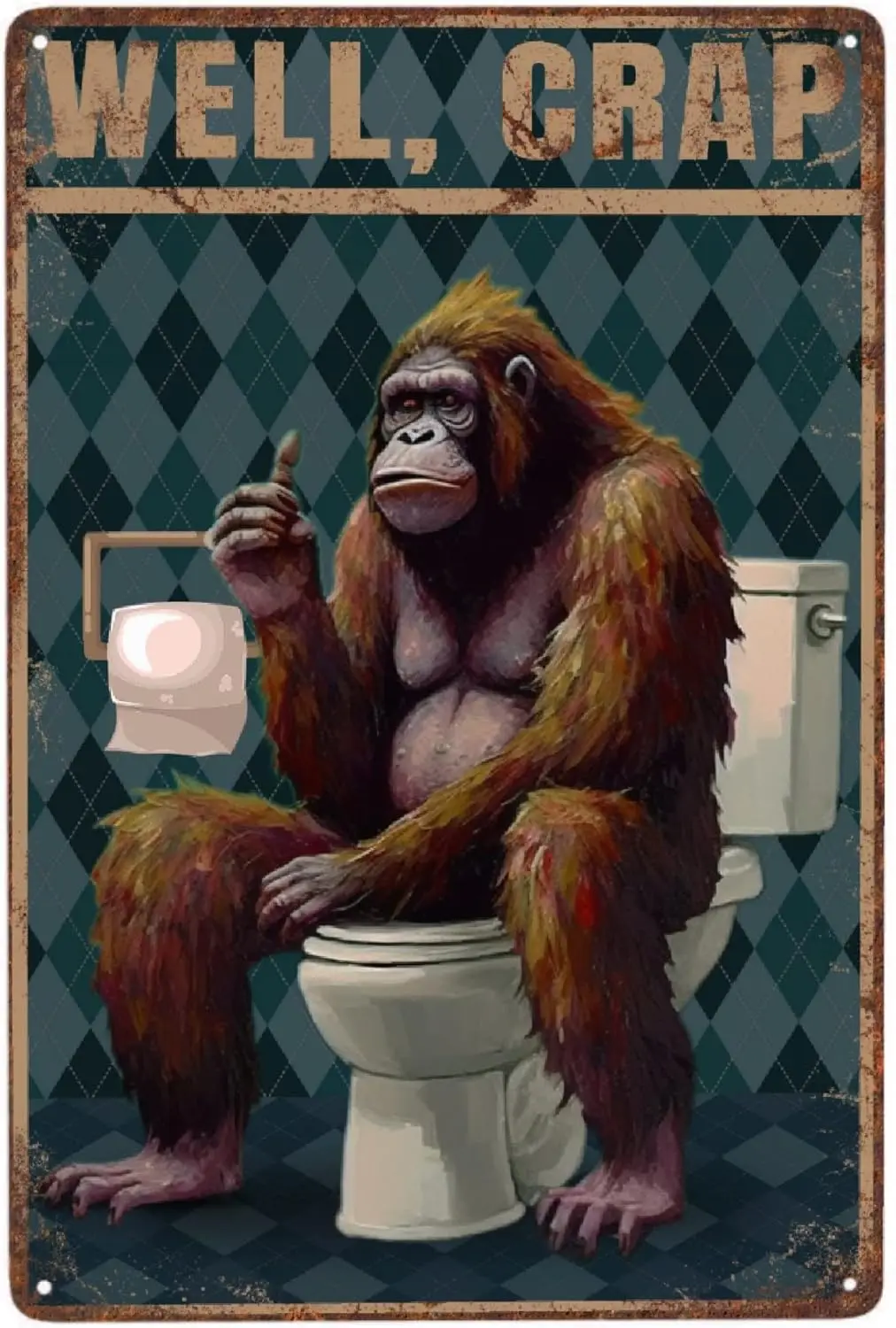 JOCASA Bigfoot Sitting On Toilet Vintage Aluminum Metal Poster Sign Decor-Retro Metal Tin Sign for Garden, Home Wall Decor, Bedr