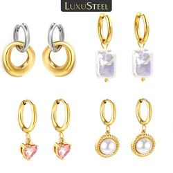 LUXUSTEEL Love Heart Geometric Women's Hoop Earrings Crystal Stainless Steel Earring Cubic Zirconia Imitaiton Pear Jewelry Gifts