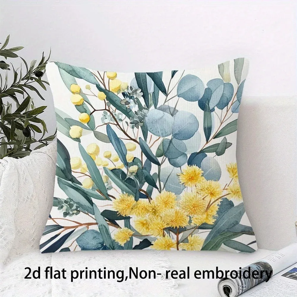 

Watercolor Eucalyptus Leaves Mimosa Pillowcase Yellow Floral Peach Skin Cushion Cover Sofa Living Room Spring Home Decor