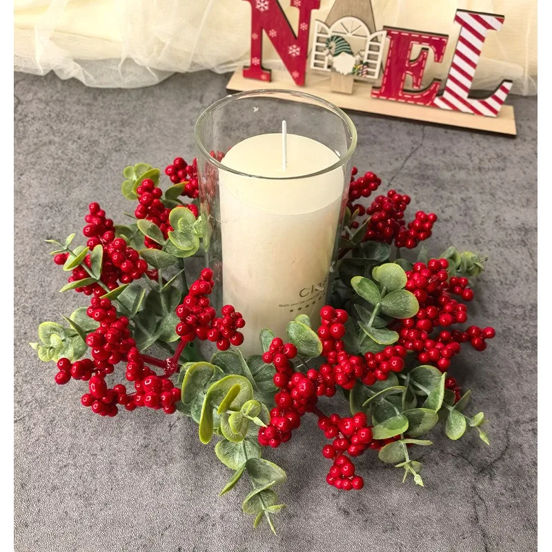 Christmas Decoration Faux Eucalyptus Red Berries Candle Aromatherapy Candle Holder Wreath Tabletop Decor Home Decorations