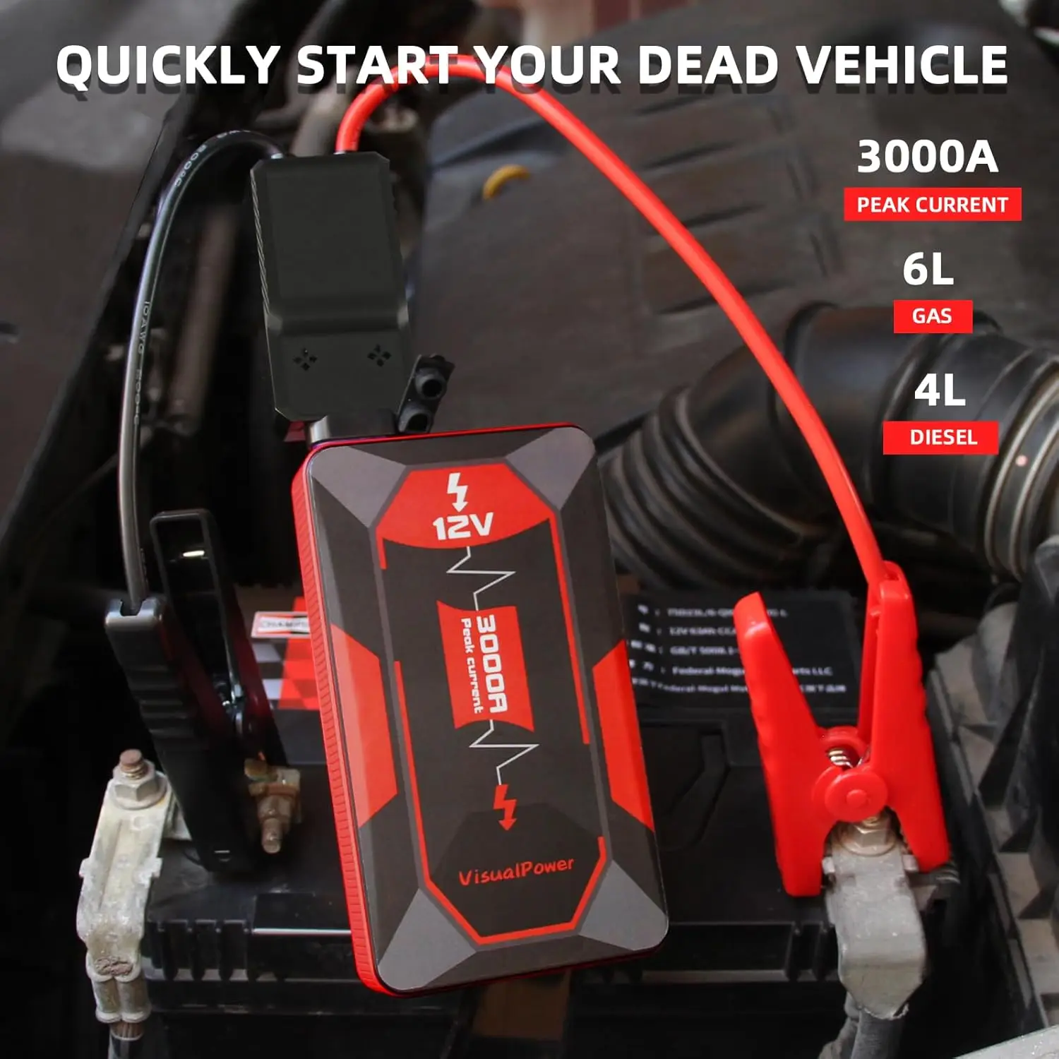 3000A Portable Car Jump Starter COSSIFTW 12V Battery Booster 9 Safety Protections Power Bank 3-Mode LED Flashlight & Hard Case