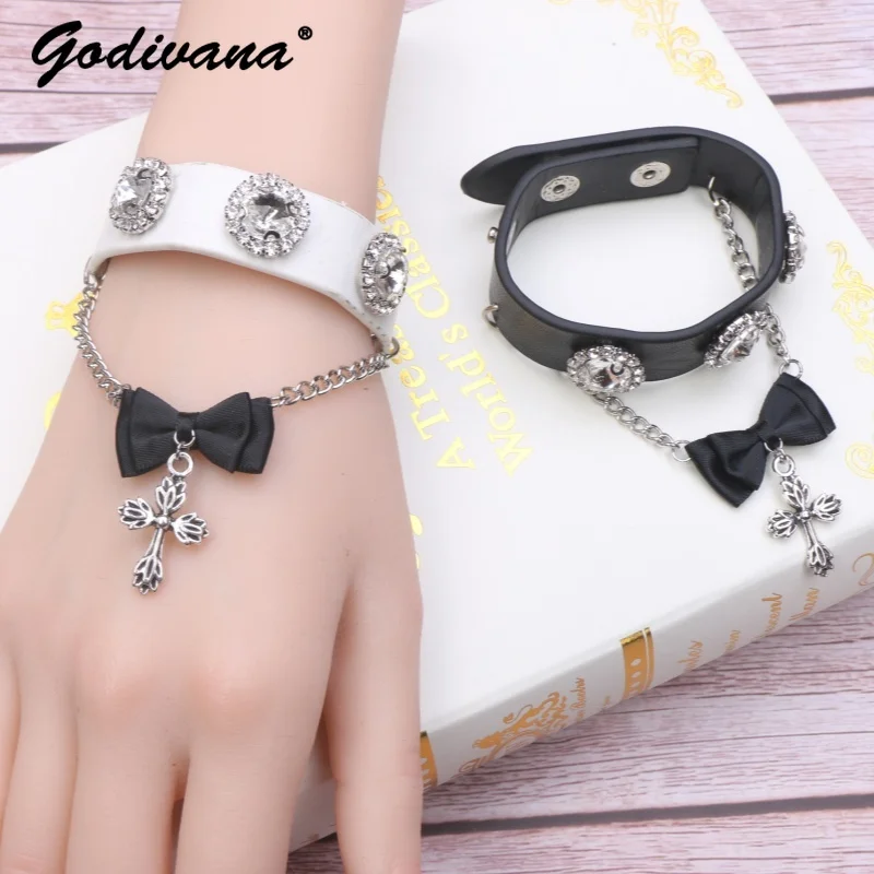 Japanese Mine Sweet Cool Rhinestone Love Heart Bow Tie Pendant Cross Chain Pu Bangle Bracelet Women Girls Bracelets