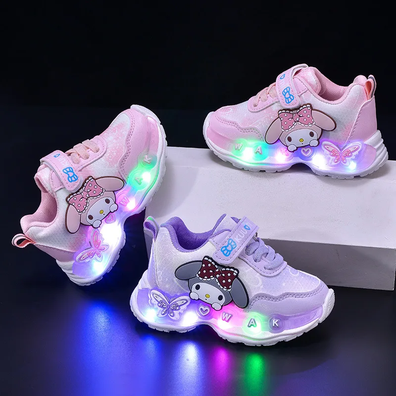 kids'casual-shoes-girls-led-light-cartoon-pu-leather-fashion-sport-flat-bottom-shoes-breathable-white-pink-size-21-30
