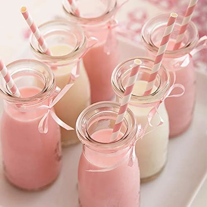 Biodegradable Pink Paper Straws, Pack of 100 Party Straws for Juice, Cocktail, Smoothies, Birthday, Wedding, Bridal/Baby Shower