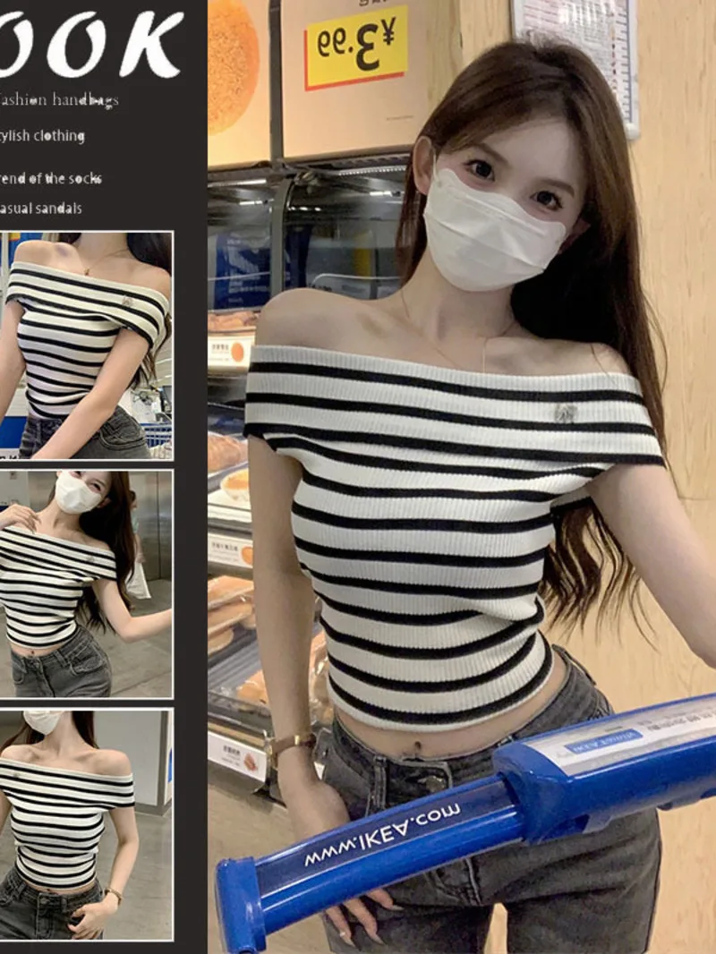 

Off shoulder striped short sleeved t-shirt for women's summer thin knit inner layer bottom shirt with a straight neck top KY86