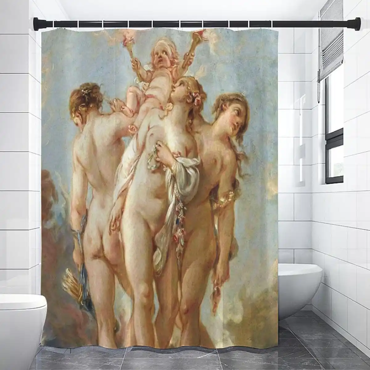 Classical Mythology Art Shower Curtain Featuring Group of Nude Figures Fresco Style Bathroom Decor