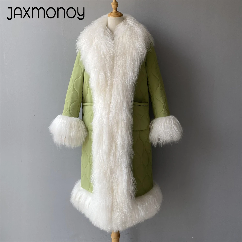 Jaxmonoy casaco longo feminino real mongol pele de ovelha guarnição casacos de inverno senhoras casaco quente moda outerwear feminino nova chegada