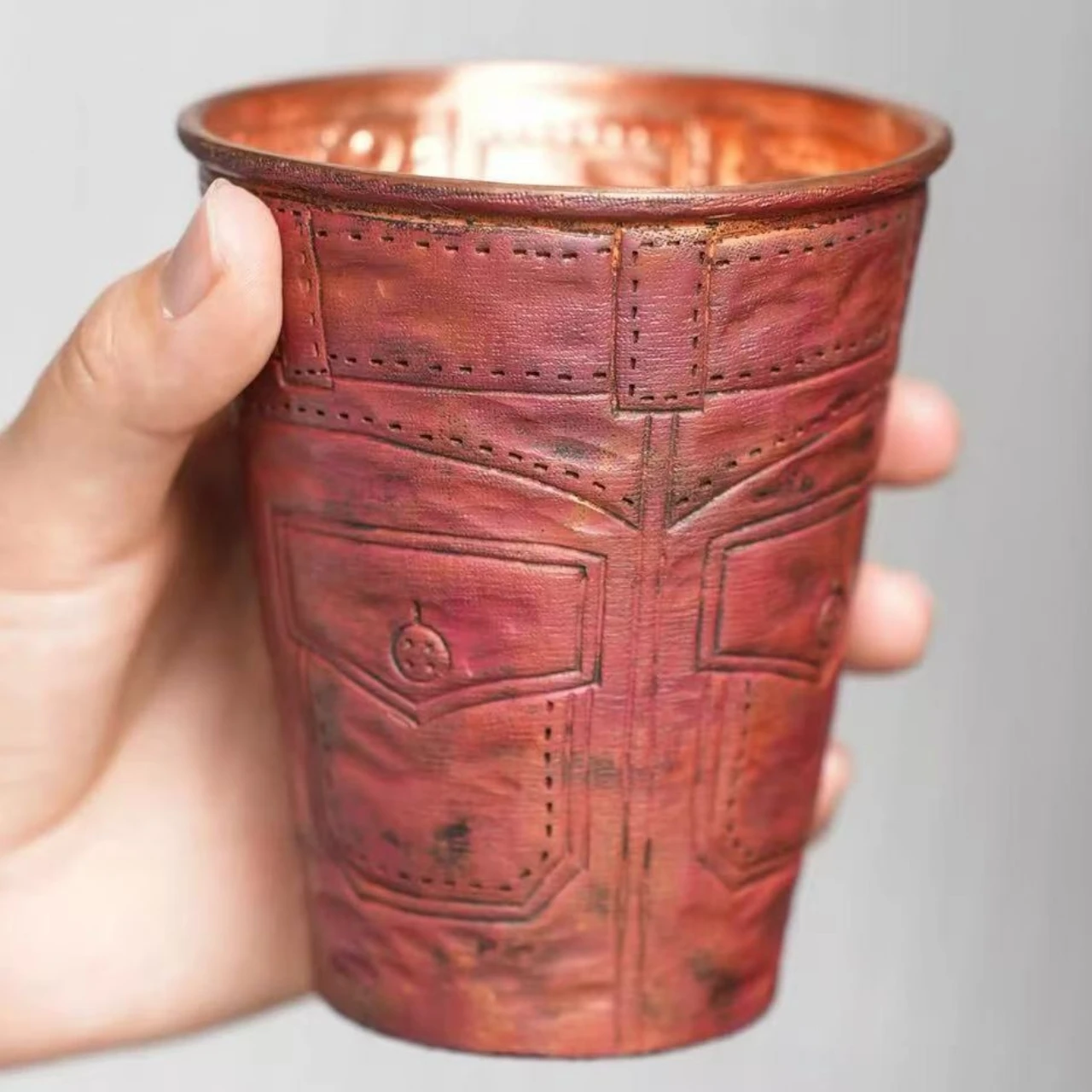 

Vintage Pure Copper American Coffee Mug,Engraving Jeans Shape Texture Drinking Beer Beverage Outdoors Mug,Straight-Sided Tea Cup