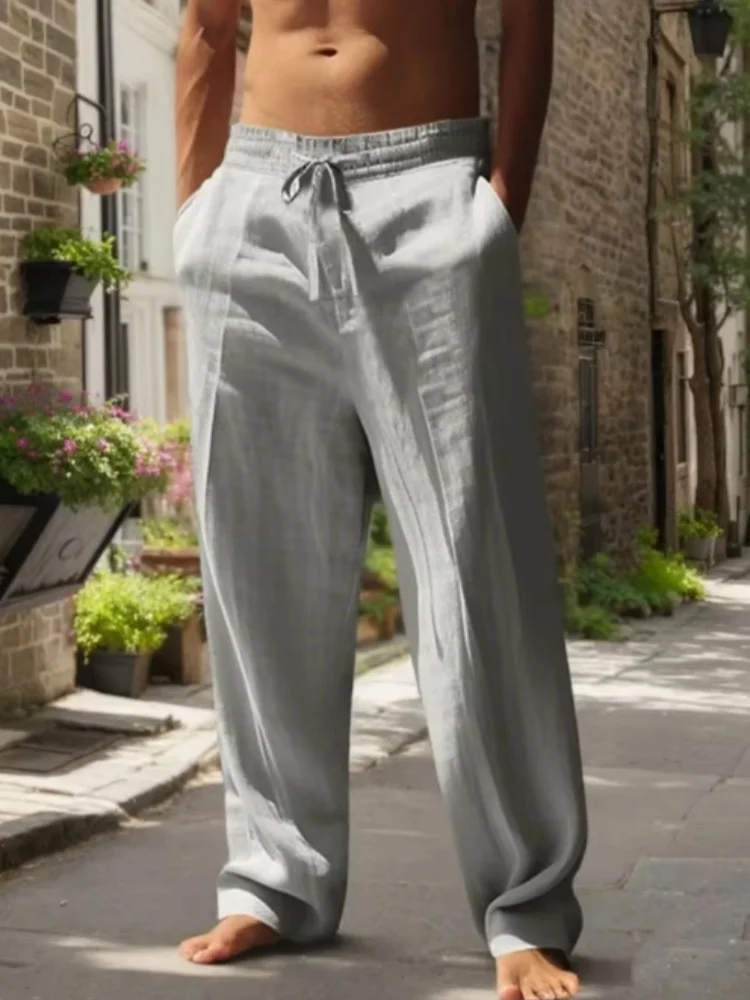 New Men's Beach Pants - Daily Versatile Outdoor Leisure Fitness Simple Cotton Hemp Texture Loose Long Pants for Spring and Summe